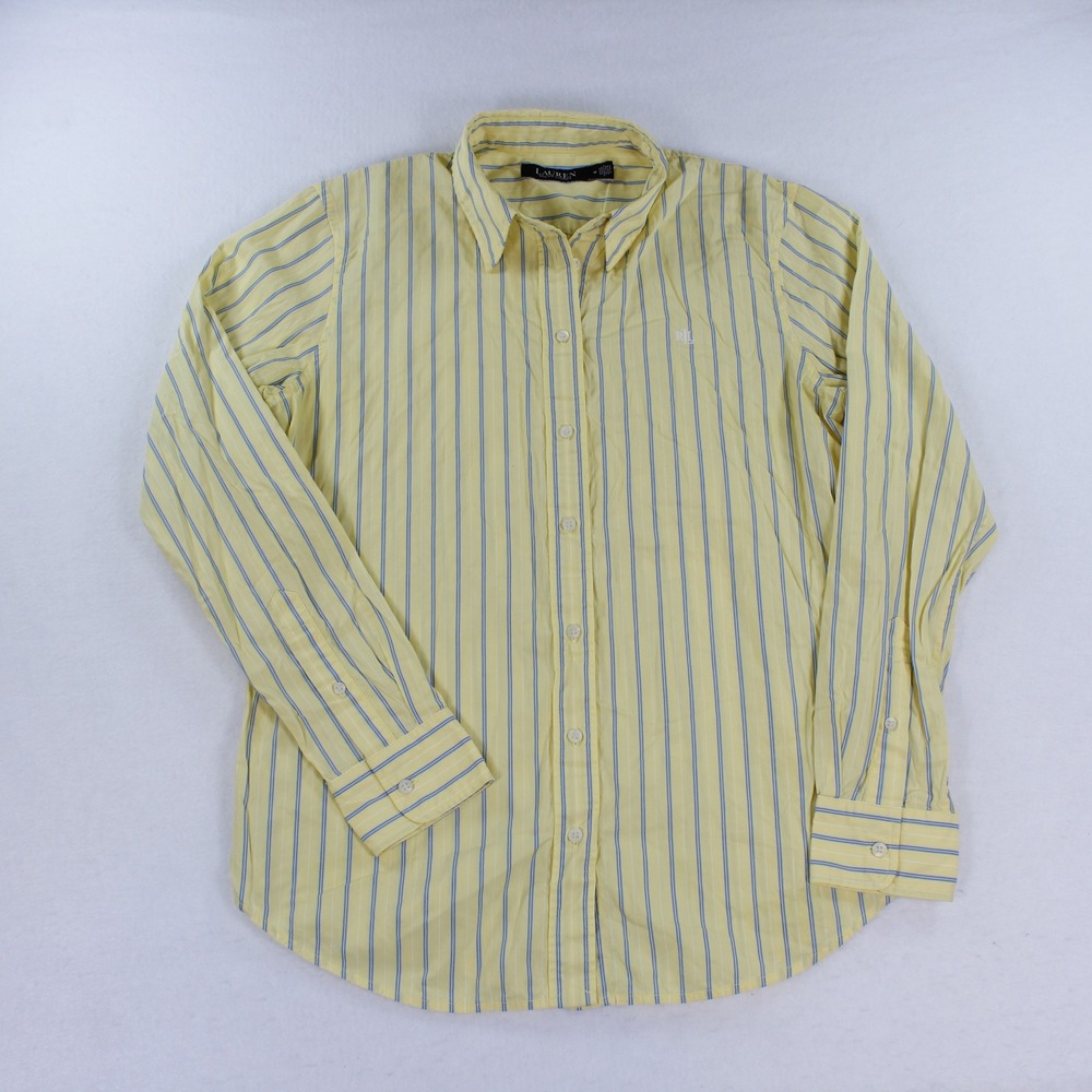 Lauren Ralph Lauren Women's M Yellow Blue Striped Button Up Shirt 100% Cotton